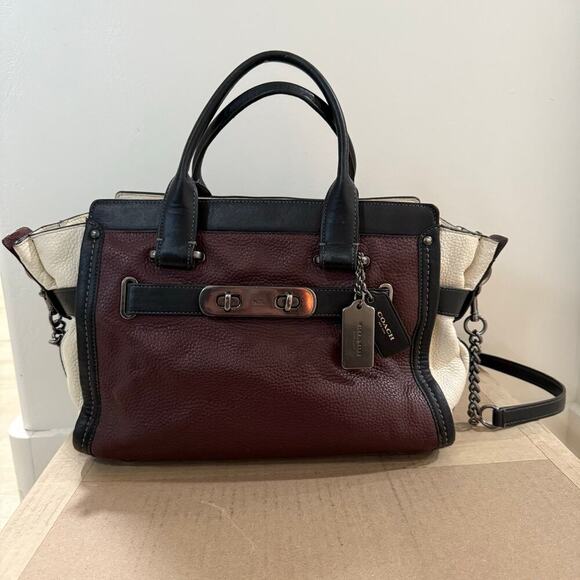 Coach Swagger Colorblock Burgundy White Pebbled Leather Carryall Purse Bag - Picture 2 of 11